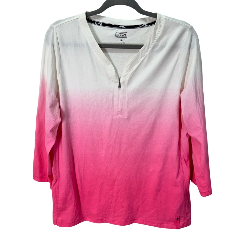 Lauren Ralph Lauren Womens Top XL Pink White Ombre Zip Neck Preppy